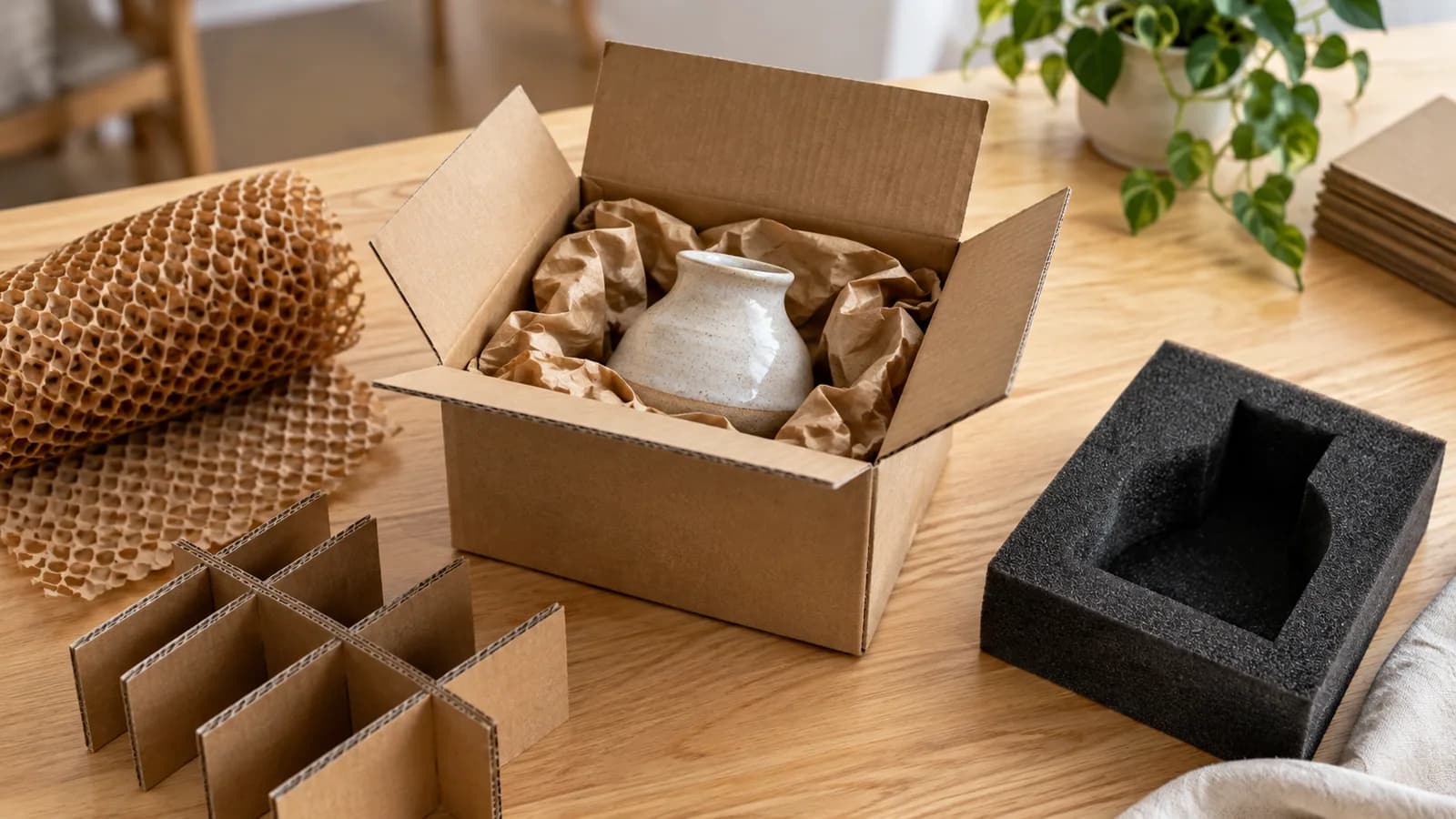 Kwetsbaar product in een passende doos met verschillende beschermingsmaterialen.