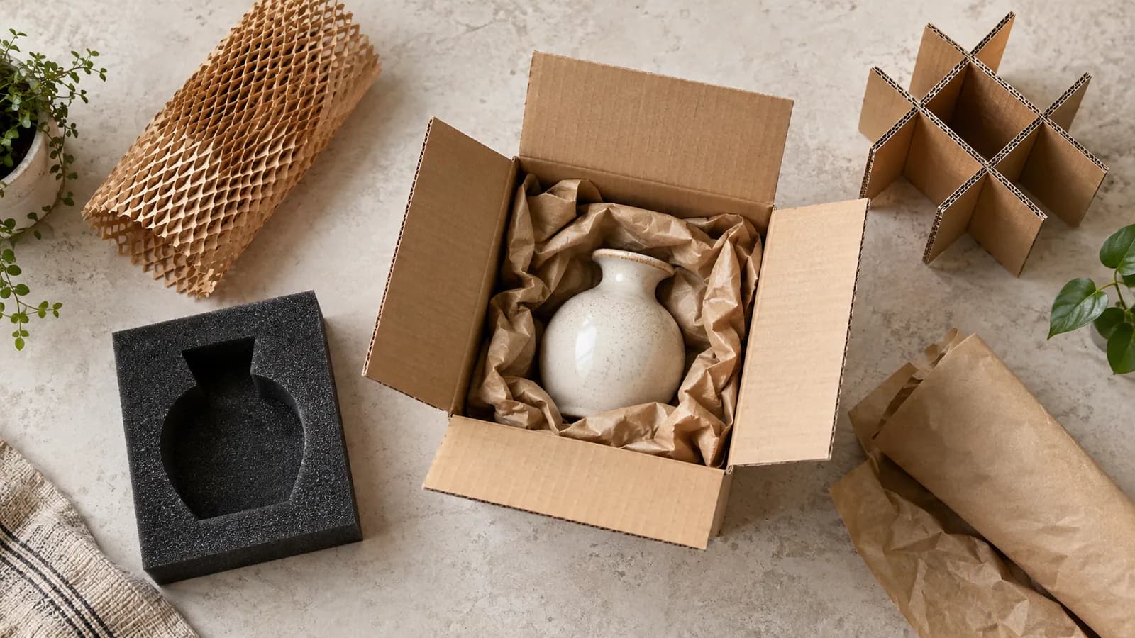 Kwetsbaar product in een passende doos met verschillende beschermingsmaterialen.