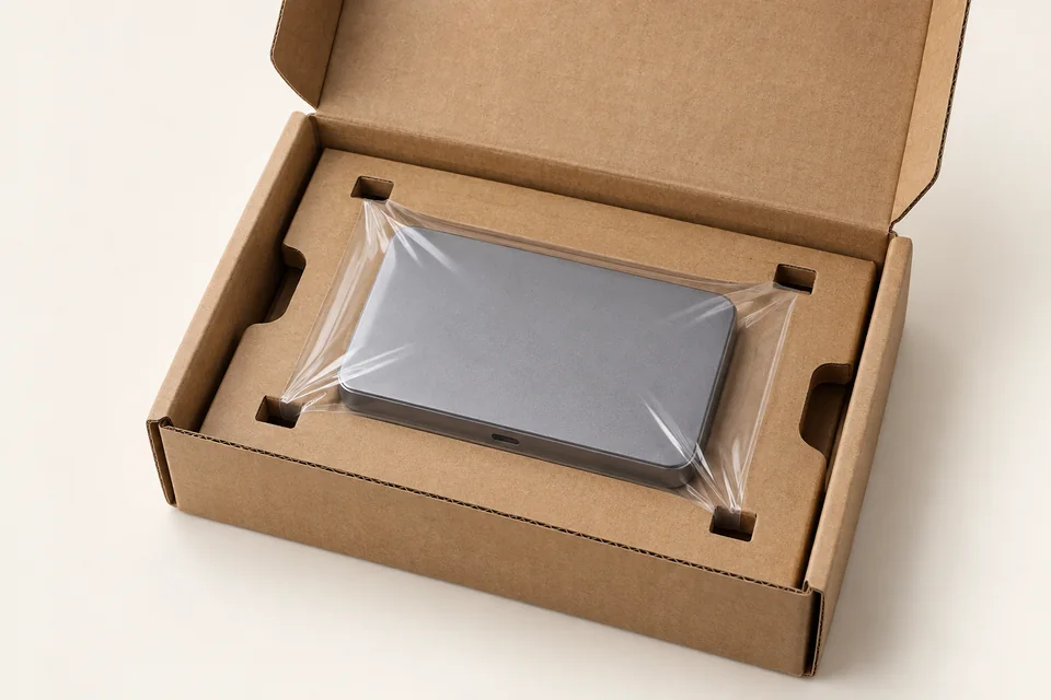 Kartonnen fixatie-inzet met transparante folie die een product vasthoudt